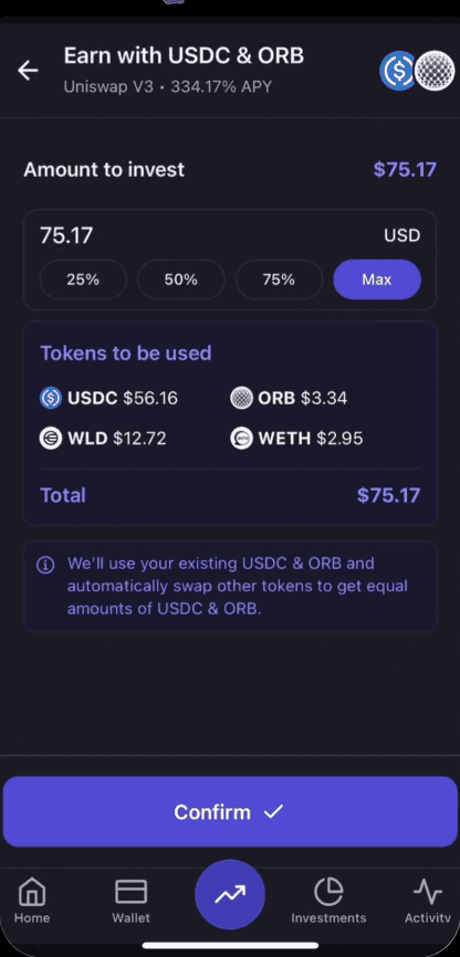 Valor a investir e tokens que serão usados